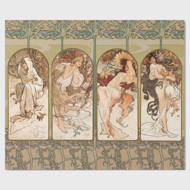 Alphonse Mucha Four Seasons 1897 Art Nouveau Panel Geschenkpapier (Flach)
