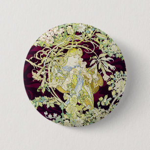 Alphonse Mucha Frau mit Gänseblümchen Art Nouveau Button