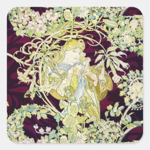 Alphonse Mucha Frau mit Gänseblümchen Art Nouveau  Quadratischer Aufkleber