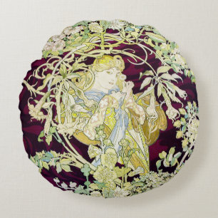 Alphonse Mucha Frau mit Gänseblümchen Art Nouveau Rundes Kissen