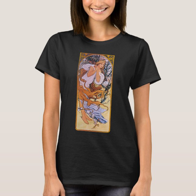 Alphonse Mucha Frühjahr Saison, Vintag Jugendstil T-Shirt (Vorderseite)