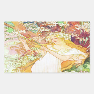 Alphonse Mucha Frühlingsblumen Vintage Art Nouveau Rechteckiger Aufkleber
