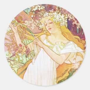 Alphonse Mucha Frühlingsblumen Vintage Art Nouveau Runder Aufkleber