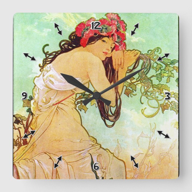 Alphonse Mucha Girl am Teich Quadratische Wanduhr (Vorderseite)