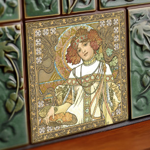 Alphonse Mucha Herbstsaisonen Art Nouveau Vintage Fliese