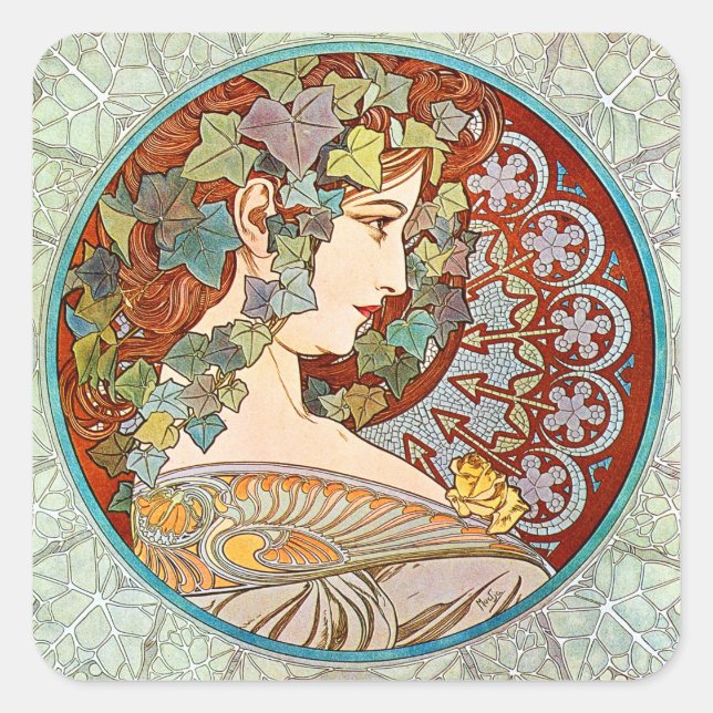 Alphonse Mucha Ivy Quadratischer Aufkleber (Vorderseite)