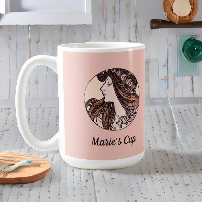 Alphonse Mucha Jugendstil-Frau mit Blume rosa Kaffeetasse (Von Creator hochgeladen)