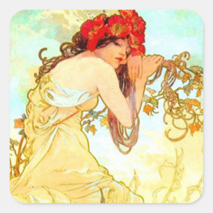 Alphonse Mucha Jugendstil Sommer Quadratischer Aufkleber
