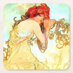 Alphonse Mucha Jugendstil Sommer Rechteckiger Pappuntersetzer