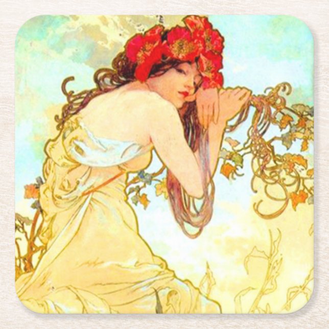 Alphonse Mucha Jugendstil Sommer Rechteckiger Pappuntersetzer (Vorderseite)