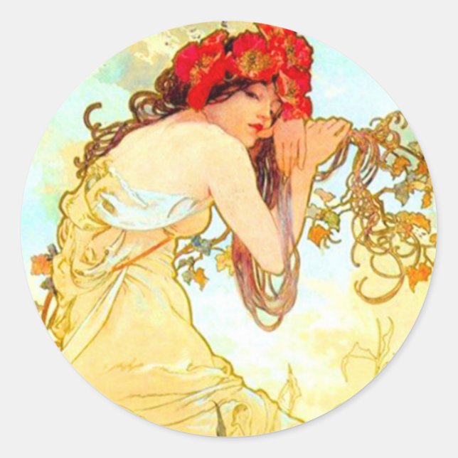Alphonse Mucha Jugendstil Sommer Runder Aufkleber (Vorderseite)