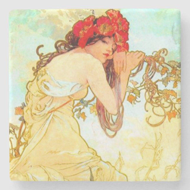 Alphonse Mucha Jugendstil Sommer Steinuntersetzer (Vorderseite)