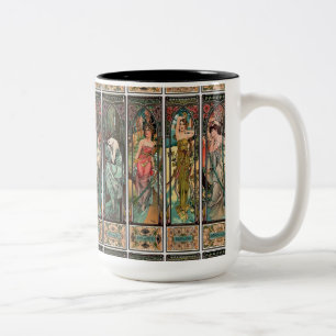 Alphonse Mucha Kunst, Art Nouveau, vintage, Frauen Zweifarbige Tasse