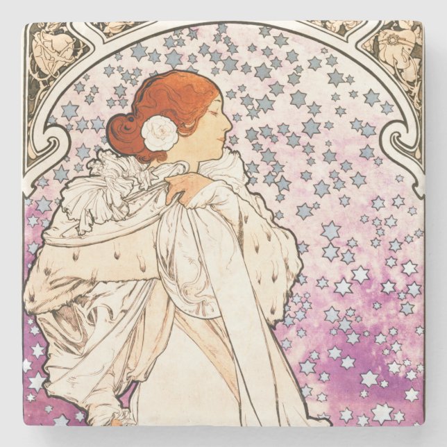 Alphonse Mucha La Dame 1896 Jugendstil Vintag Steinuntersetzer (Vorderseite)