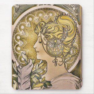 Alphonse Mucha, La Plume hübsches Mädchen Mousepad
