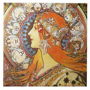 Alphonse Mucha La Plume Zodiac Art Nouveau Vintage Fliese