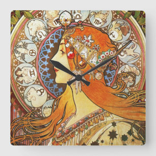 Alphonse Mucha La Plume Zodiac Art Nouveau Vintage Quadratische Wanduhr