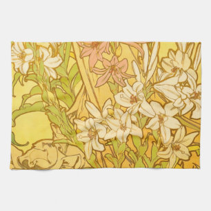 Alphonse Mucha-Lilien-Blumenmuster: Art Nouveau  Geschirrtuch