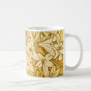 Alphonse Mucha-Lilien-Blumenmuster: Art Nouveau Kaffeetasse