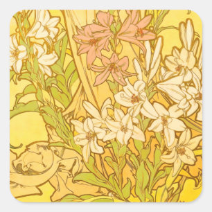 Alphonse Mucha-Lilien-Blumenmuster: Art Nouveau Quadratischer Aufkleber