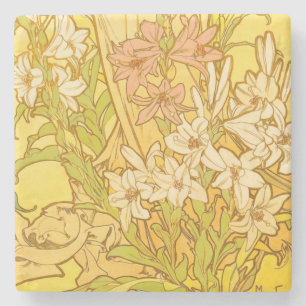 Alphonse Mucha Lilien-Blumenmuster: Art Nouveau Steinuntersetzer