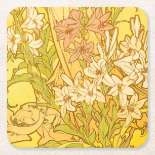 Alphonse Mucha Lily Blumen Muster: Art Nouveau Rechteckiger Pappuntersetzer