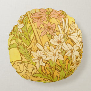 Alphonse Mucha Lily Blumen Muster: Art Nouveau Rundes Kissen