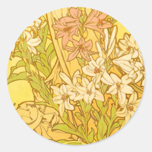 Alphonse Mucha Lily Blumenmuster: Art Nouveau  Runder Aufkleber