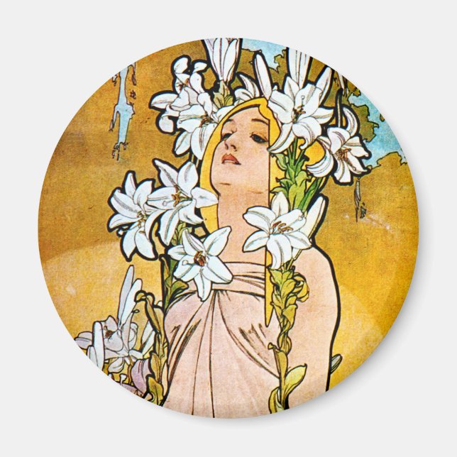 Alphonse Mucha - Lily - weiße Grenze Magnet (Vorne)