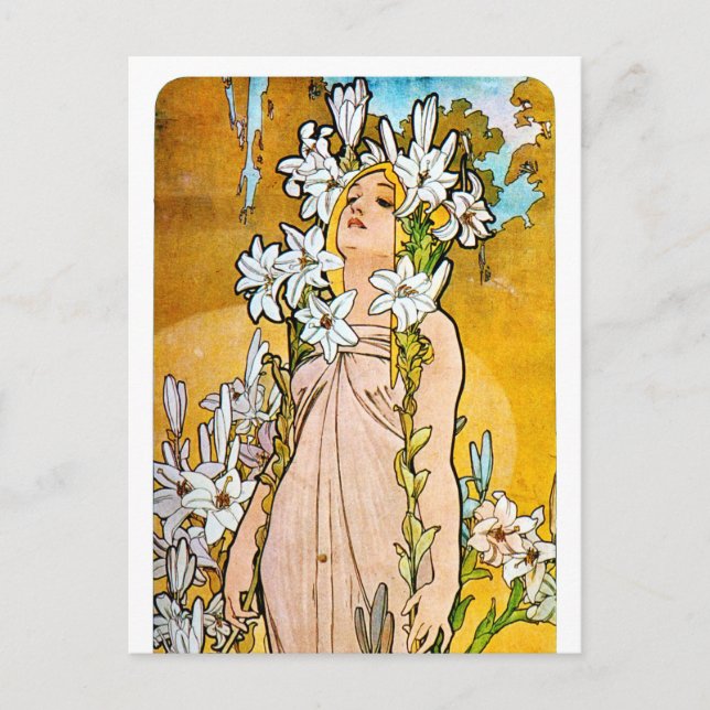 Alphonse Mucha - Lily - weiße Grenze Postkarte (Vorderseite)