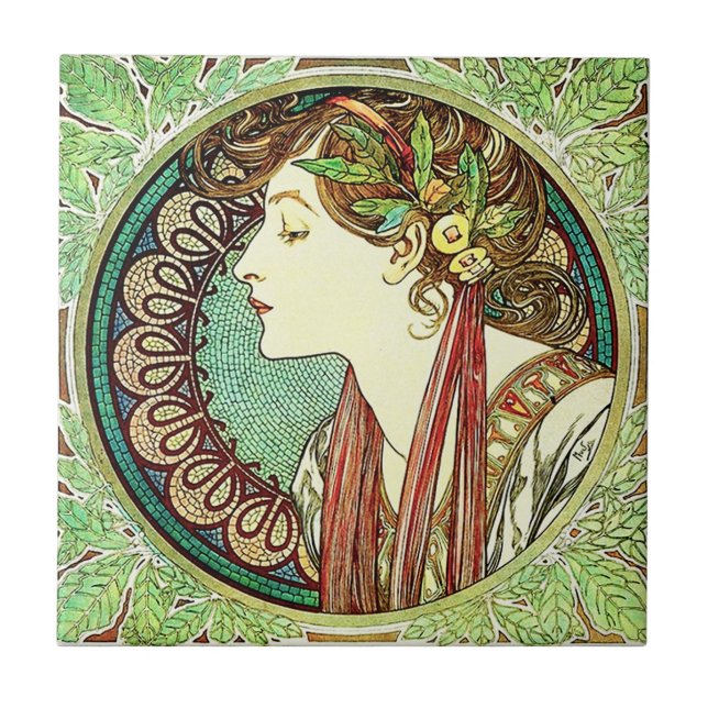 Alphonse Mucha Lorbeer-Kachel Fliese (Vorderseite)