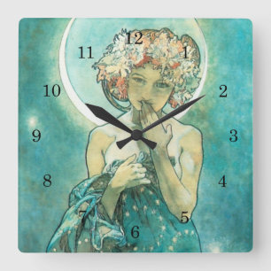 Alphonse Mucha Moonlight Clair De Lune Art Nouveau Quadratische Wanduhr