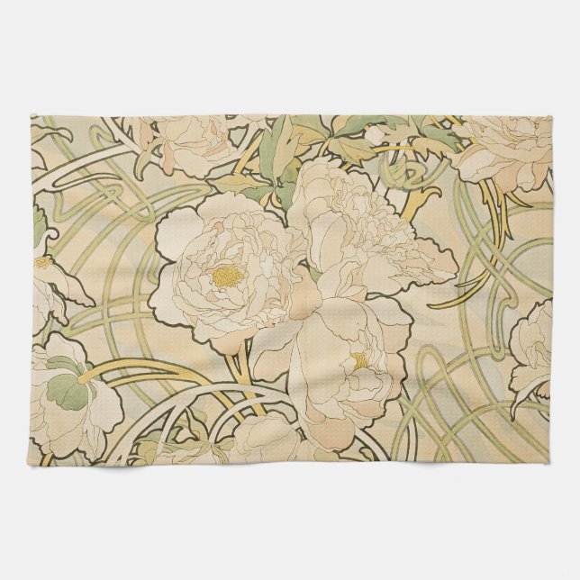 Alphonse Mucha Peonies Peony Rose Fawn 1897 Geschirrtuch (Horizontal)