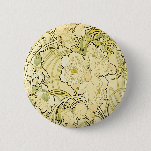 Alphonse Mucha Pfingstrosen Art Nouveau Blumenmust Button (Vorderseite)