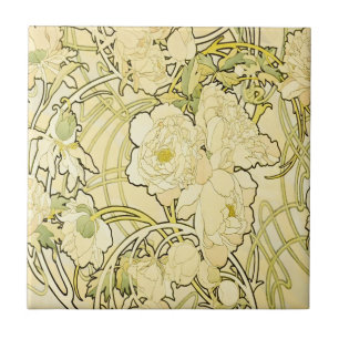 Alphonse Mucha Pfingstrosen Art Nouveau Blumenmust Fliese