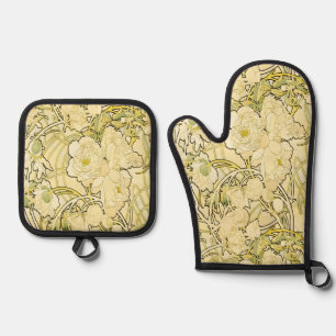 Alphonse Mucha Pfingstrosen Art Nouveau Blumenmust Ofenhandschuh & Topflappen-Set