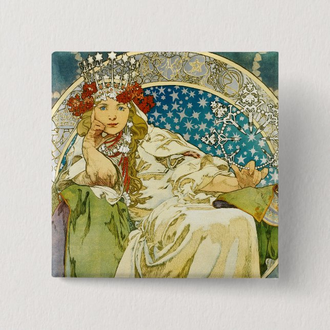 Alphonse Mucha Princess Hyacinth Art Nouveau Button (Vorderseite)