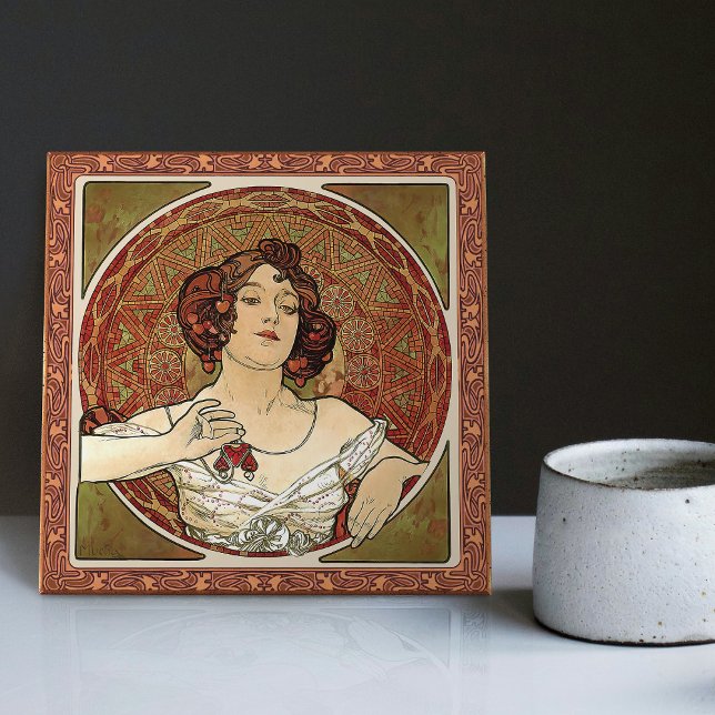 Alphonse Mucha "Ruby" Vintager Jugendstil Fliese (Von Creator hochgeladen)