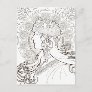 ALphonse Mucha Schwarz-Weiß zeichnend Postkarte