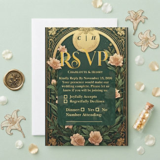 Alphonse Mucha Soft Gold Arch Rebe Vintage Hochzei RSVP Karte