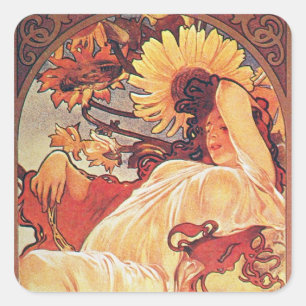 Alphonse Mucha Sonnenblume Quadratischer Aufkleber