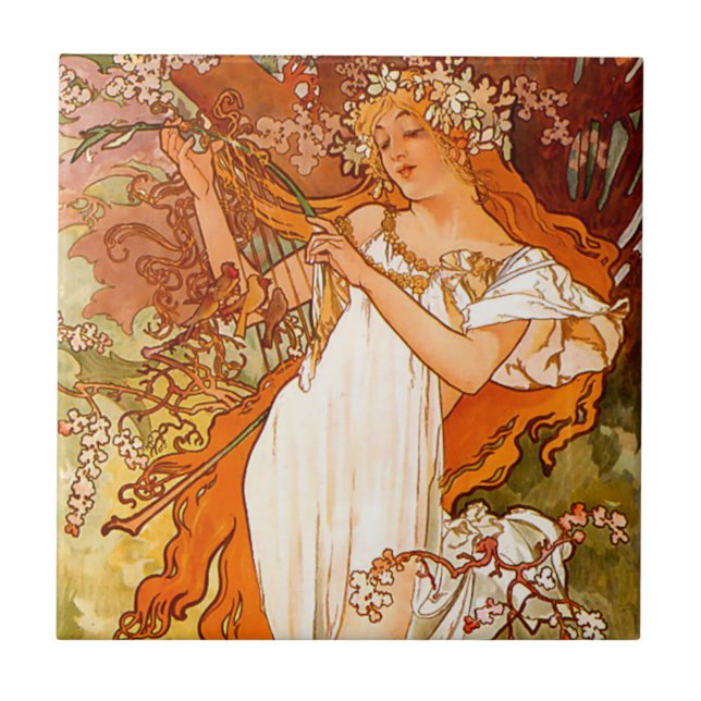 Alphonse Mucha Spring Fliese (Vorderseite)
