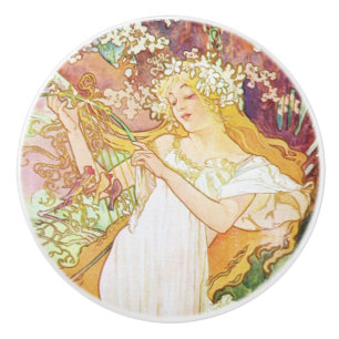 Alphonse Mucha Spring Floral Vintag Jugendstil Keramikknauf