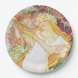 Alphonse Mucha Spring Floral Vintag Jugendstil Pappteller