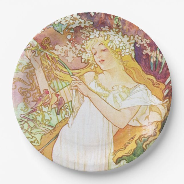 Alphonse Mucha Spring Floral Vintag Jugendstil Pappteller (Vorderseite)