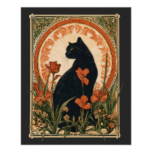 Alphonse Mucha Stil Schwarze Katze Art Nouveau Poster