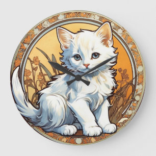 Alphonse Mucha Style Cat Große Wanduhr