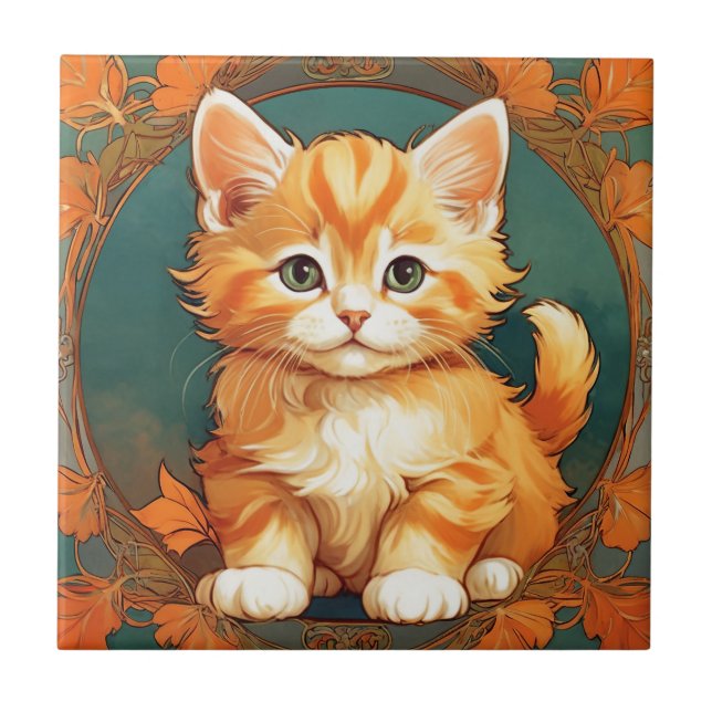 Alphonse Mucha Style Orange Cat Fliese (Vorderseite)