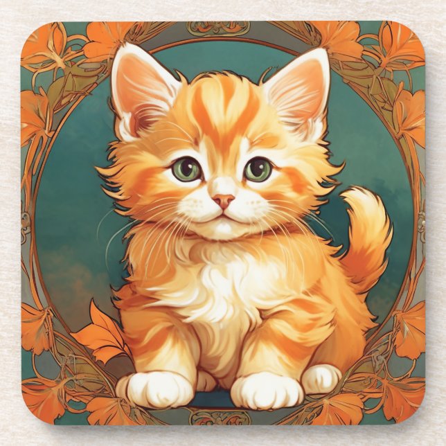 Alphonse Mucha Style Orange Cat Getränkeuntersetzer (Vorderseite)