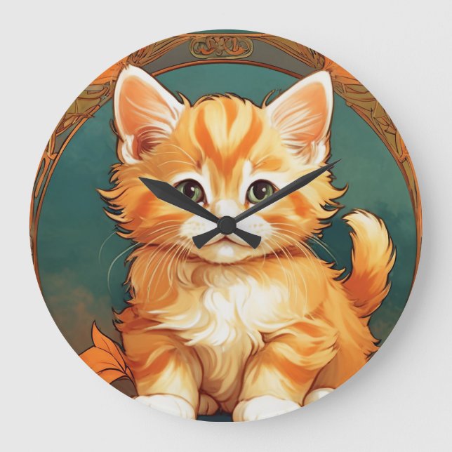 Alphonse Mucha Style Orange Cat Große Wanduhr (Vorderseite)